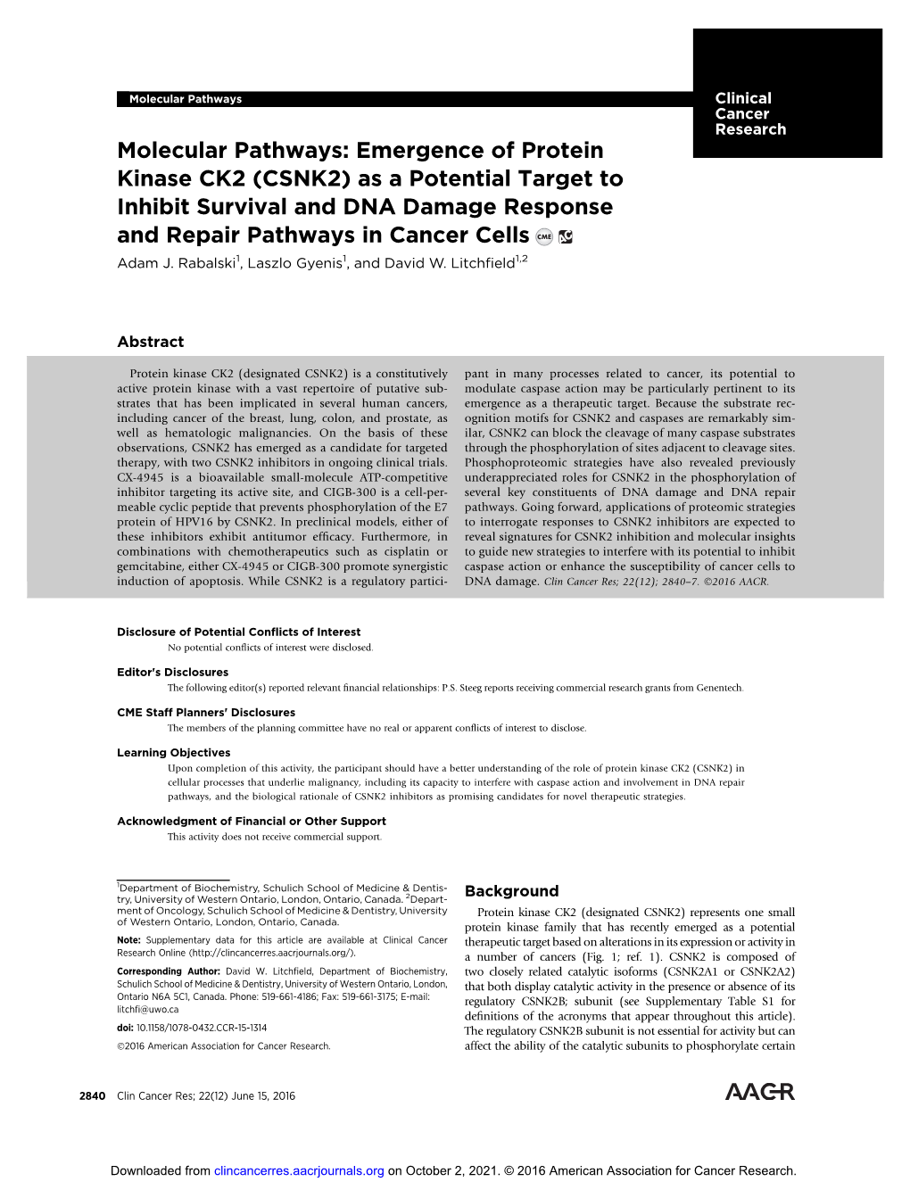 As a Potential Target to Inhibit Survival and DNA Damage Response and Repair Pathways in Cancer Cells Adam J