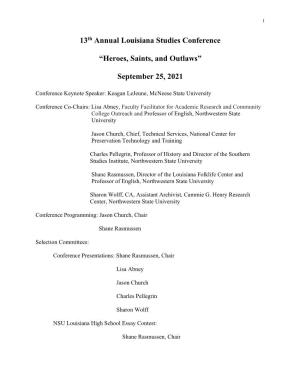 13Th Annual Louisiana Studies Conference “Heroes, Saints, and Outlaws” September 25, 2021