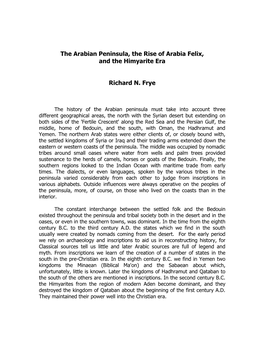 The Arabian Peninsula, the Rise of Arabia Felix, and the Himyarite Era