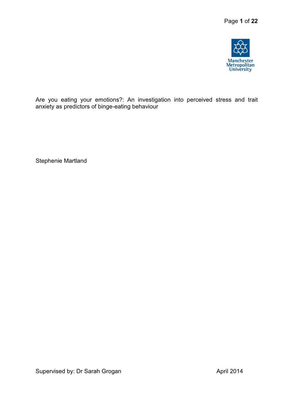 Front Page Format for Journal Report