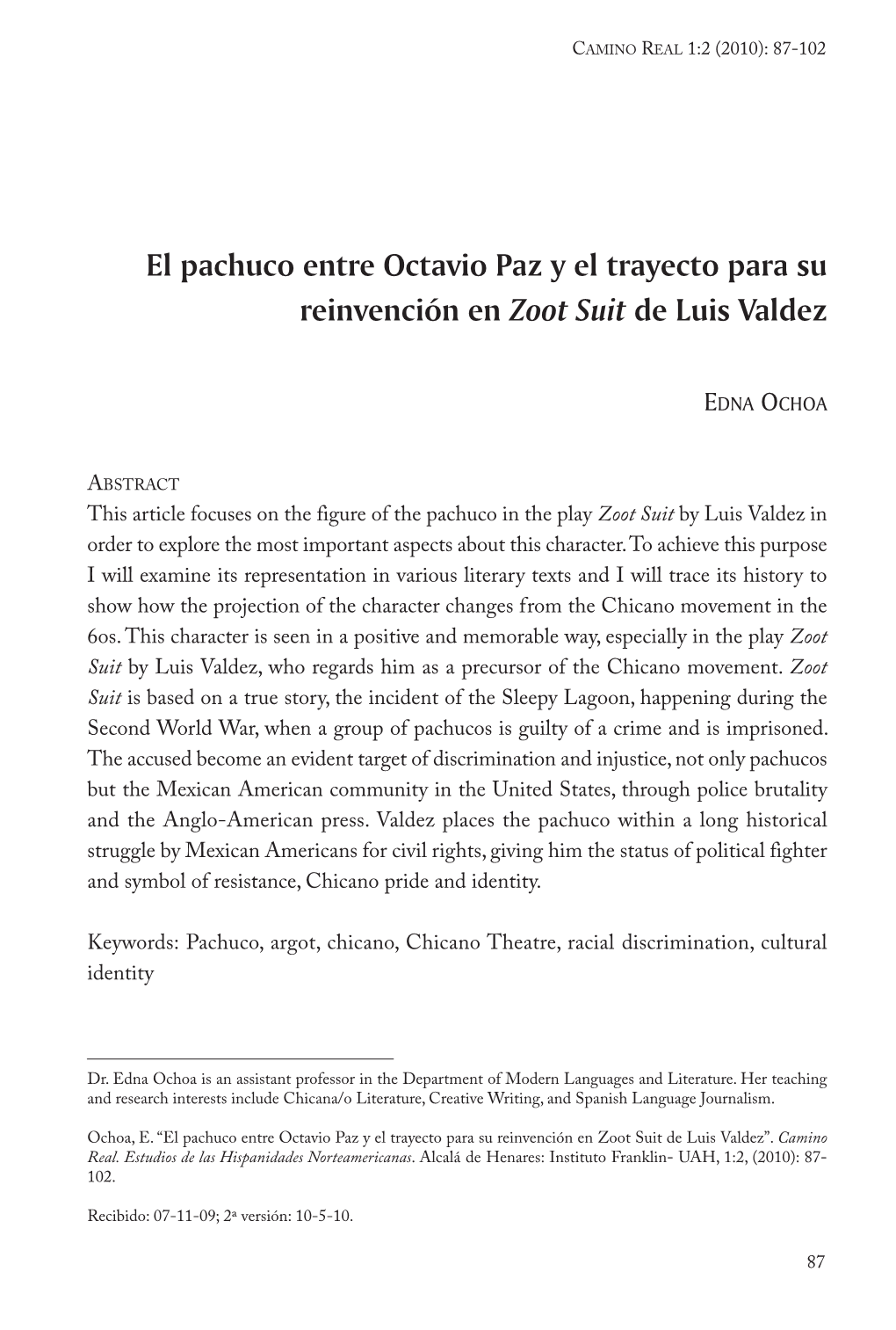 El Pachuco Entre Octavio Paz Y El Trayecto Para Su Reinvención En Zoot Suit De Luis Valdez