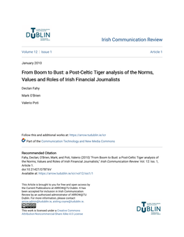 From Boom to Bust: a Post-Celtic Tiger Analysis of the Norms, Values and Roles of Irish Financial Journalists