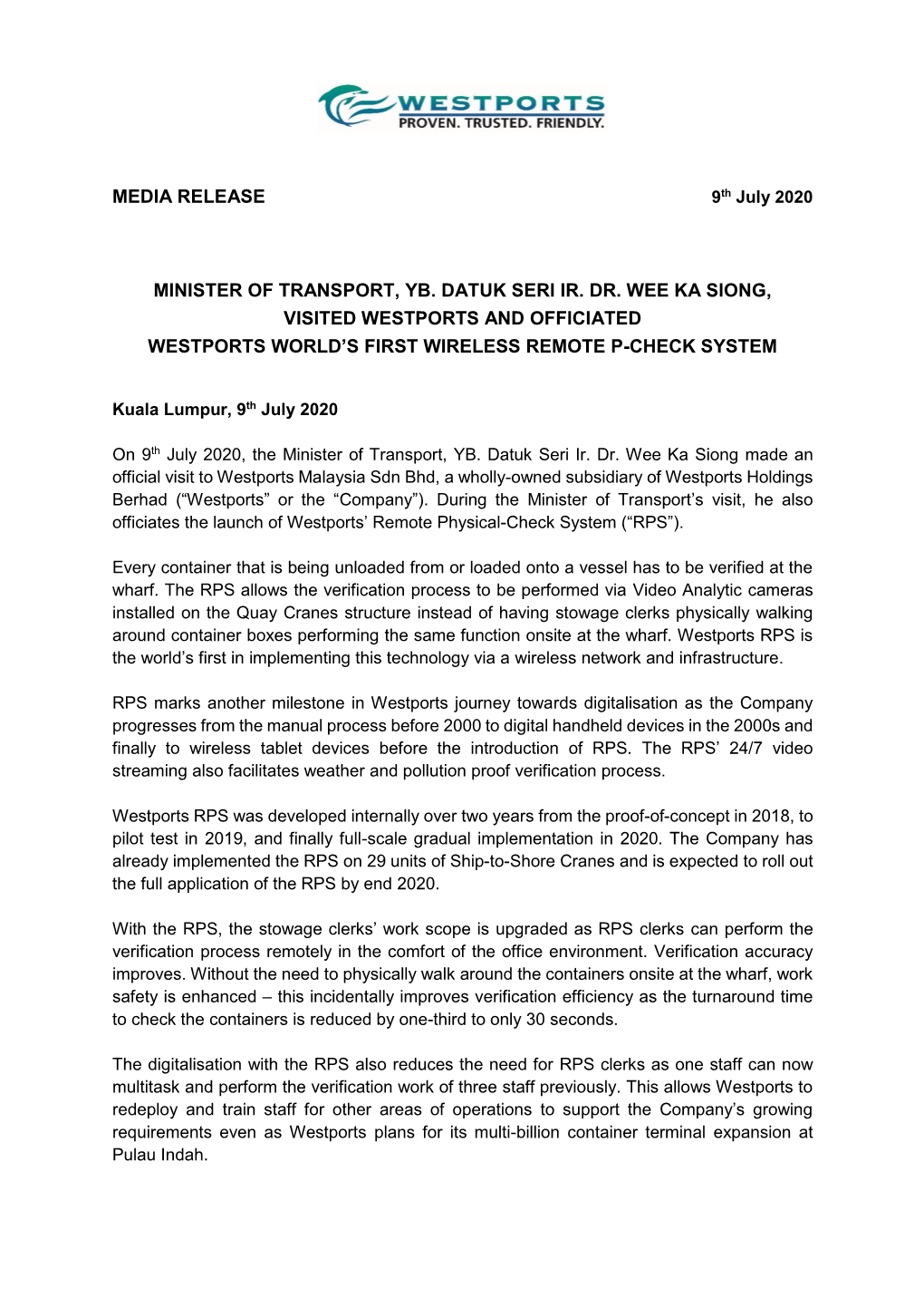 MOT Minister Visits Westports 09 July 2020