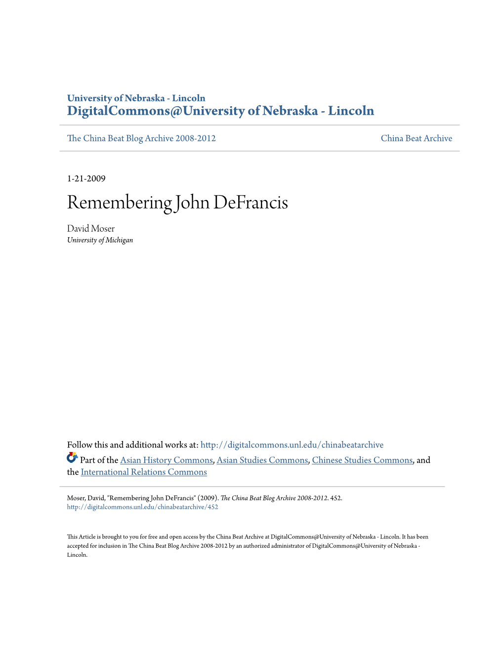 Remembering John Defrancis David Moser University of Michigan