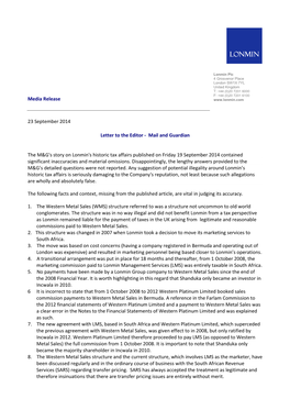 Media Release 23 September 2014 Letter to the Editor