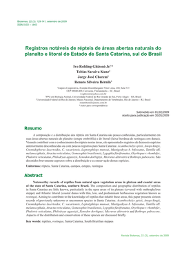 Registros Notáveis De Répteis De Áreas Abertas Naturais Do Planalto E Litoral Do Estado De Santa Catarina, Sul Do Brasil