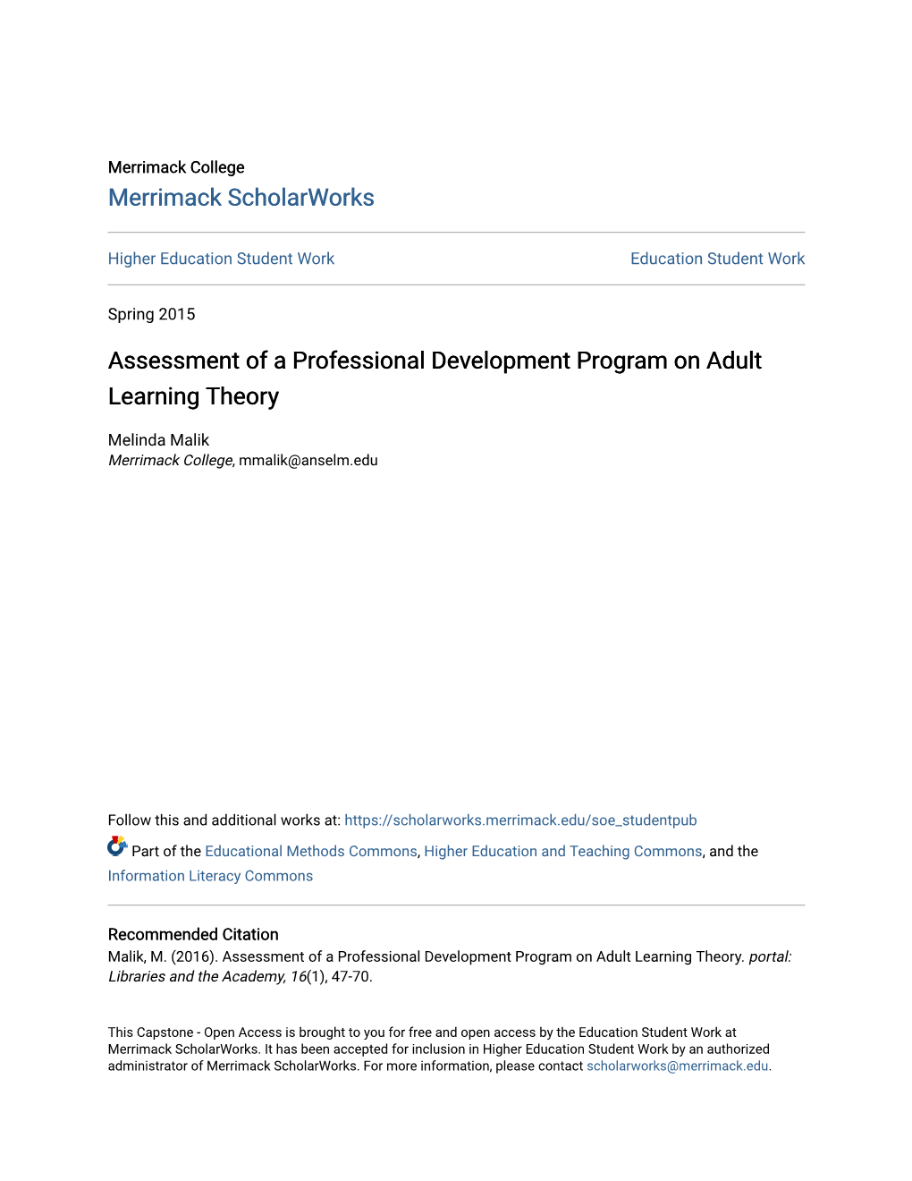 Assessment of a Professional Development Program on Adult Learning Theory