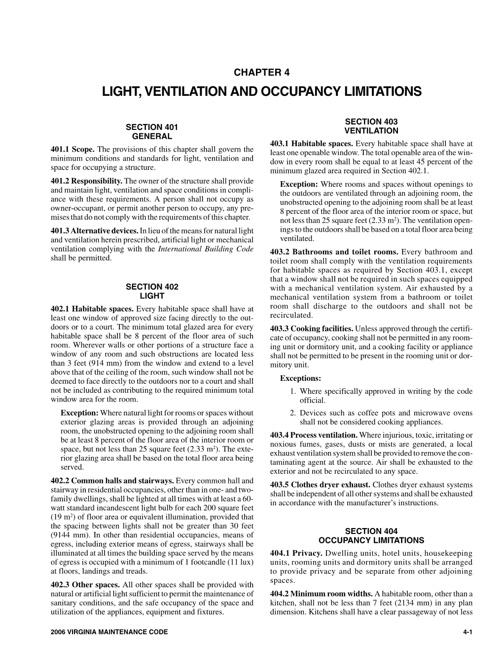 Chapter 4 Light, Ventilation and Occupancy Limitations