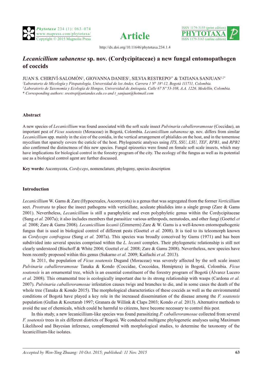 Lecanicillium Sabanense Sp. Nov. (Cordycipitaceae) a New Fungal Entomopathogen of Coccids