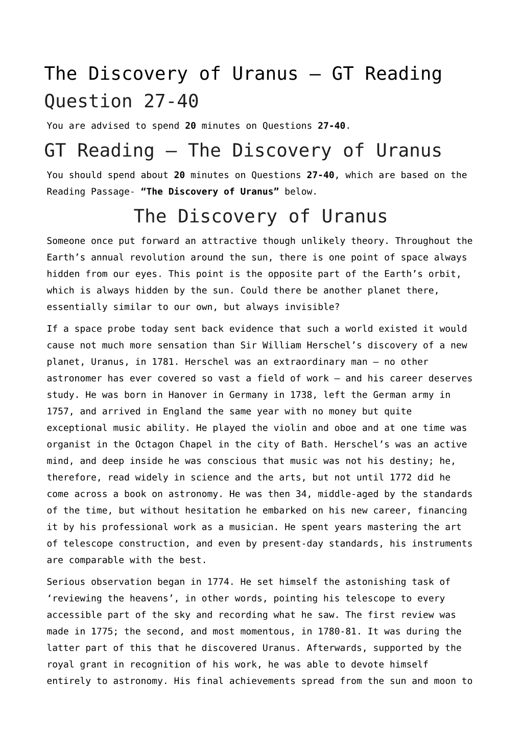 The Discovery of Uranus &#8211; GT Reading