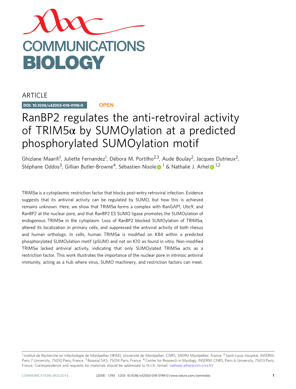 Ranbp2 Regulates the Anti-Retroviral Activity of TRIM5Î± by Sumoylation