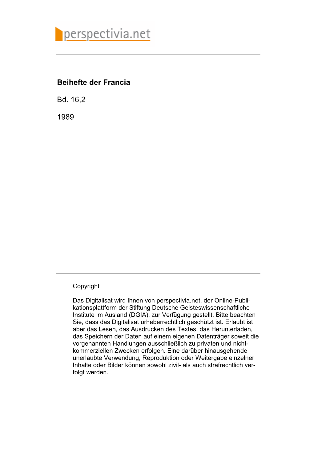 Beihefte Der Francia Bd. 16,2 1989