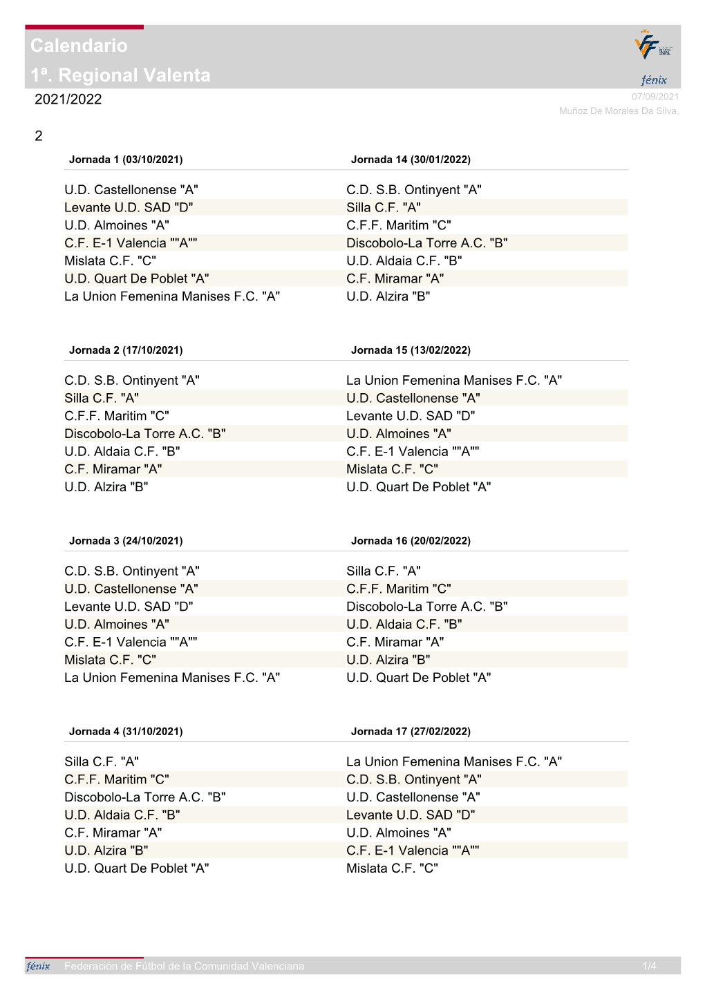 1ª. Regional Valenta Calendario