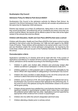 Bitterne Park School Admissions Policy 2020-21