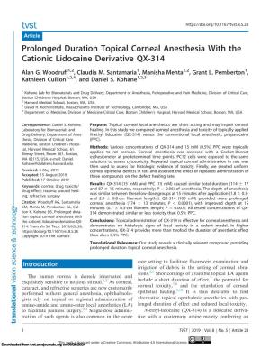 Prolonged Duration Topical Corneal Anesthesia with the Cationic Lidocaine Derivative QX-314