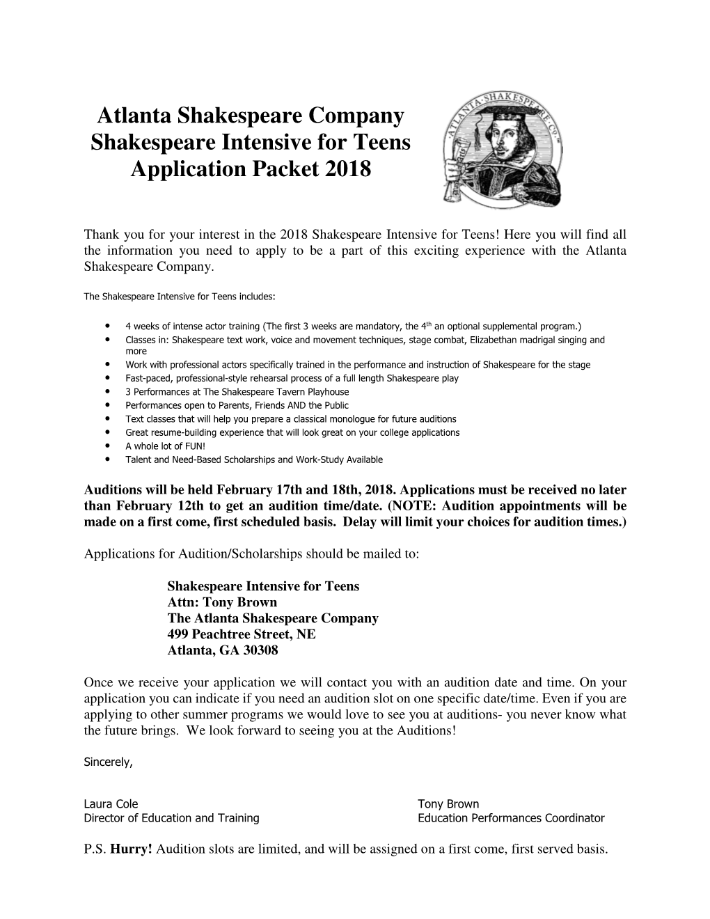 Atlanta Shakespeare Company Shakespeare Intensive for Teens Application Packet 2018