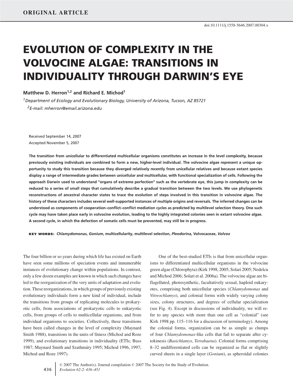 Evolution of Complexity in the Volvocine Algae: Transitions in Individuality Through Darwin’S Eye
