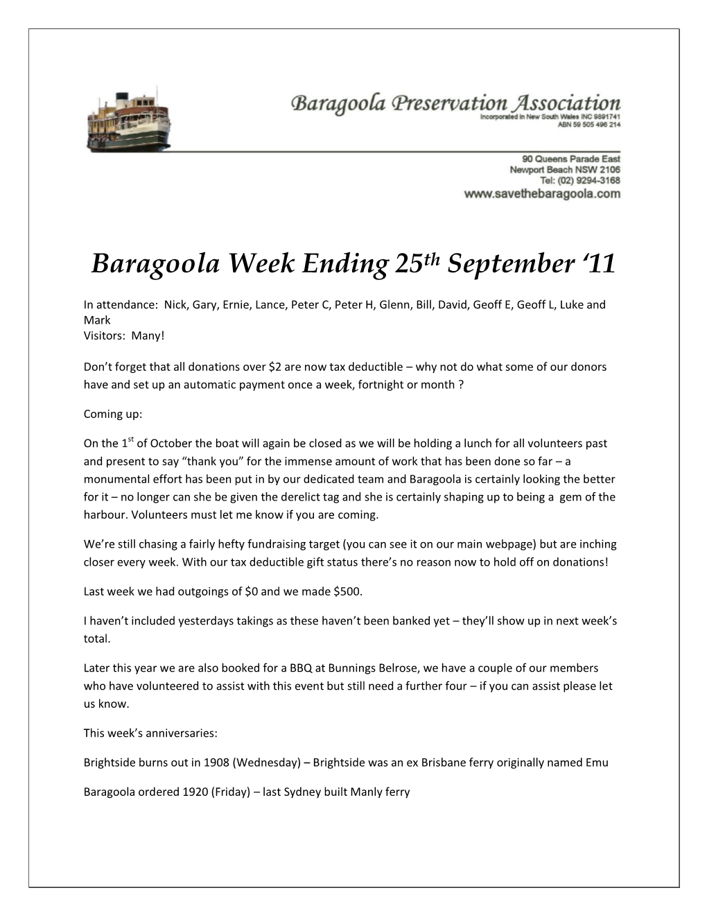 Baragoola Week Ending 25Th September ‘11