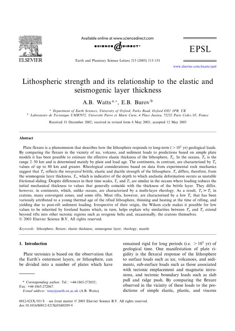 Lithospheric Strength and Its Relationship to the Elastic and Seismogenic Layer Thickness