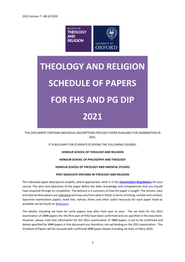 Theology and Religion Schedule of Papers for FHS and PG Dip for Examination in 2021