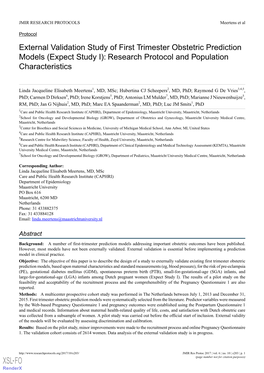 External Validation Study of First Trimester Obstetric Prediction Models (Expect Study I): Research Protocol and Population Characteristics