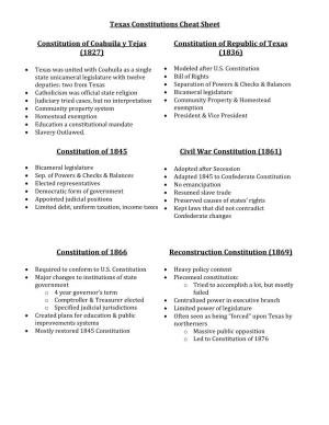 Texas Constitutions Cheat Sheet Constitution of Coahuila Y Tejas