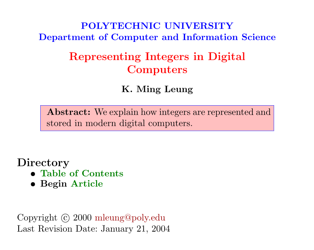 Redrepresenting Integers in Digital Computers