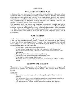 Outline of a Business Plan Plan Summary Company And