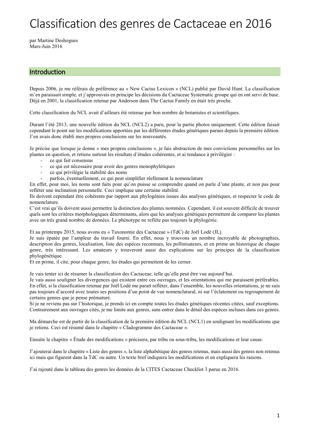 Classification Des Genres De Cactaceae En 2016 Par Martine Deshogues Mars-Juin 2016