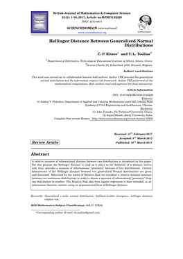 Hellinger Distance Between Generalized Normal Distributions Abstract