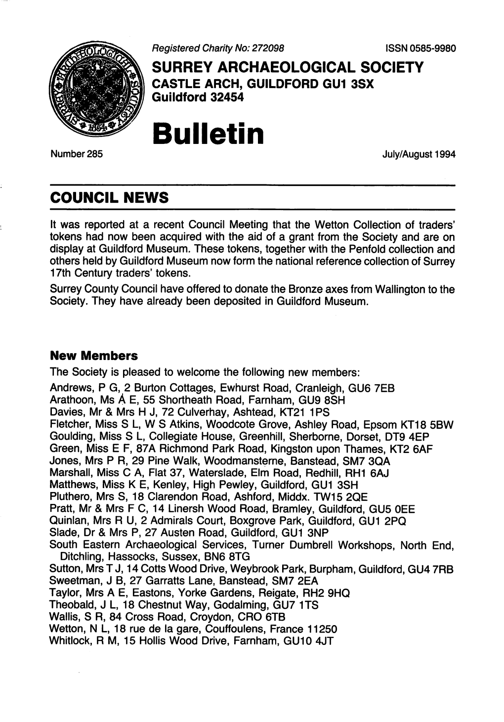 Bulletin Number 285 July/August 1994