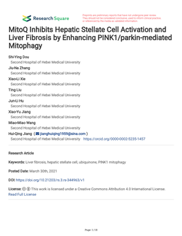 Mitoq Inhibits Hepatic Stellate Cell Activation and Liver Fibrosis by Enhancing PINK1/Parkin-Mediated Mitophagy