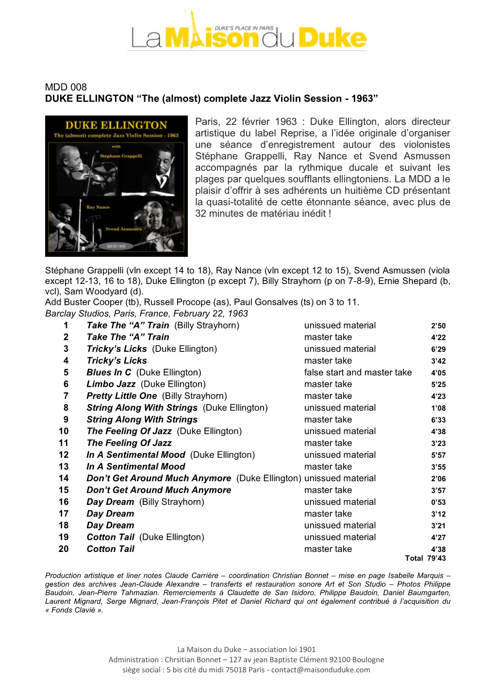 MDD 008 DUKE ELLINGTON “The (Almost) Complete Jazz Violin Session - 1963”