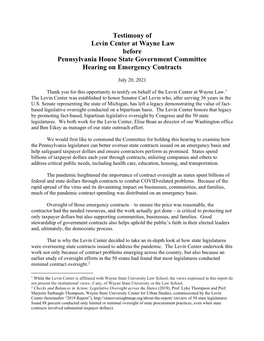 Testimony of Levin Center at Wayne Law Before Pennsylvania House State Government Committee Hearing on Emergency Contracts