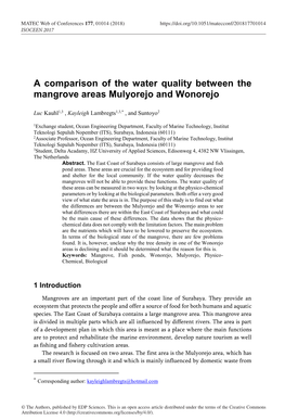 A Comparison of the Water Quality Between the Mangrove Areas Mulyorejo and Wonorejo