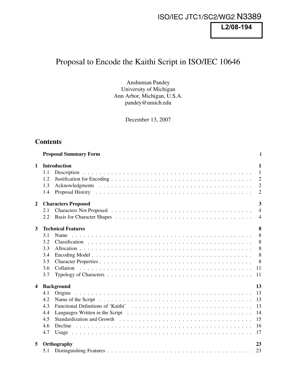 Proposal to Encode the Kaithi Script in ISO/IEC 10646