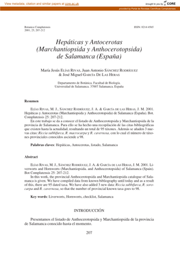 Hepáticas Y Antocerotas (Marchantiopsida Y Anthocerotopsida) De Salamanca (España)