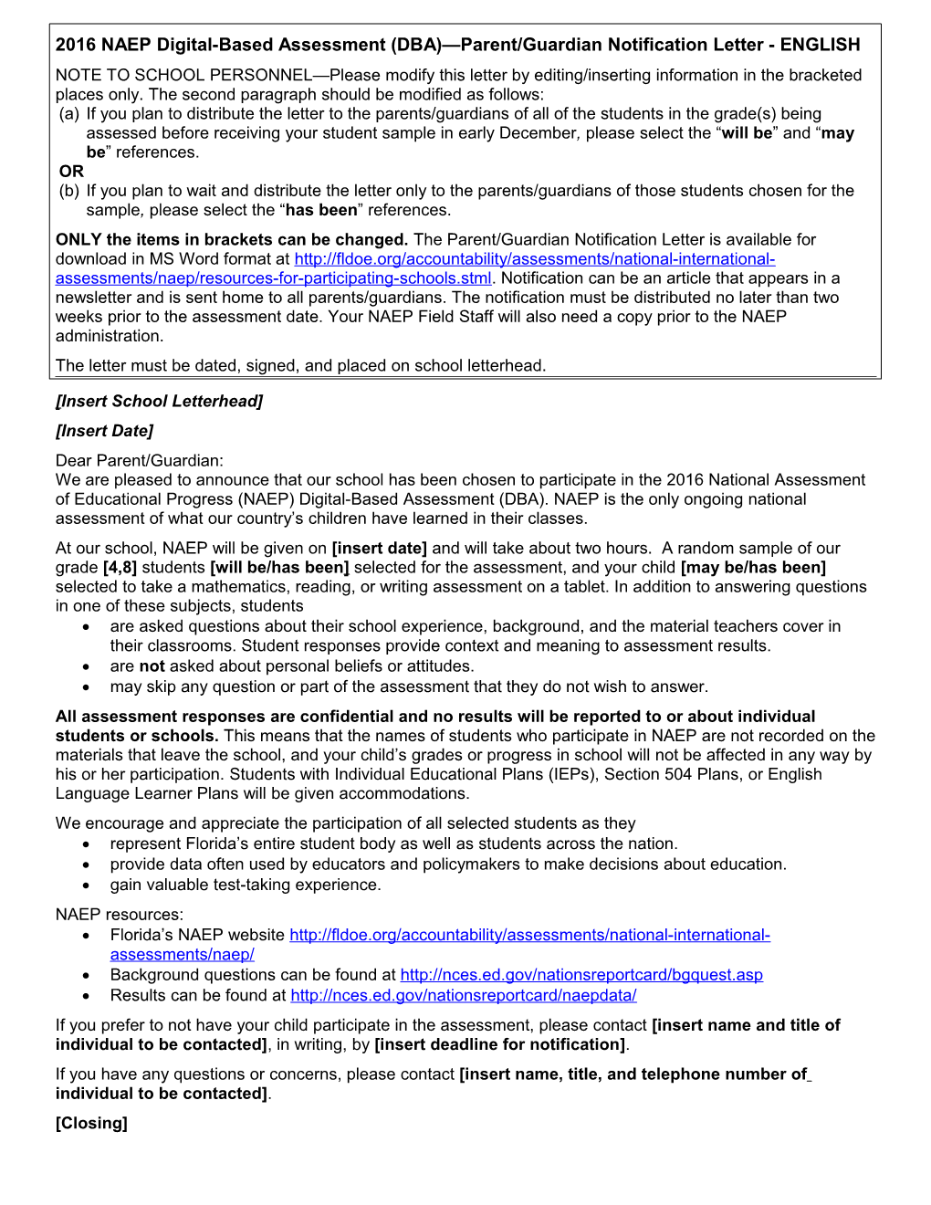 2016 NAEP Digital-Based Assessment (DBA) Parent/Guardian Notification Letter - ENGLISH