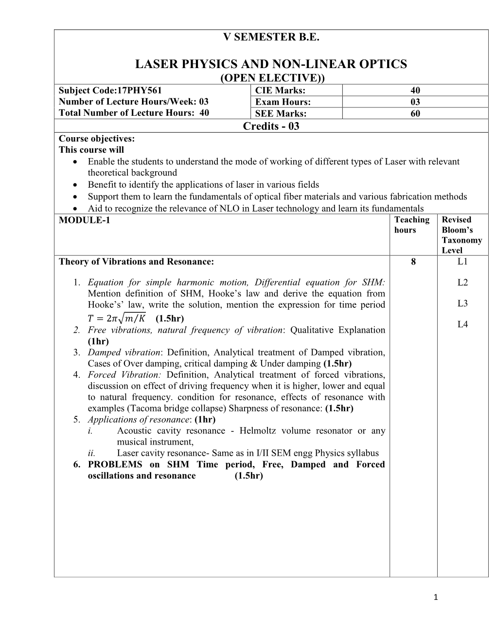 Laser Physics & NON Linear Optics Open Elective