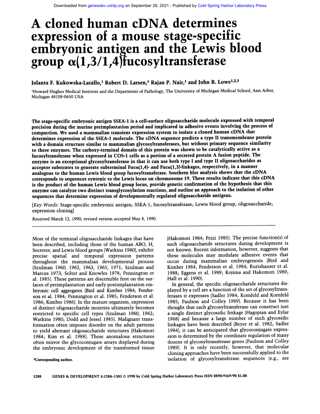 A Cloned Human Cdna Determines Expression of a Mouse Stage-Specific Embryonic Antigen and the Lewis Blood Group (1,3/1,4)-Fucosyltransferase