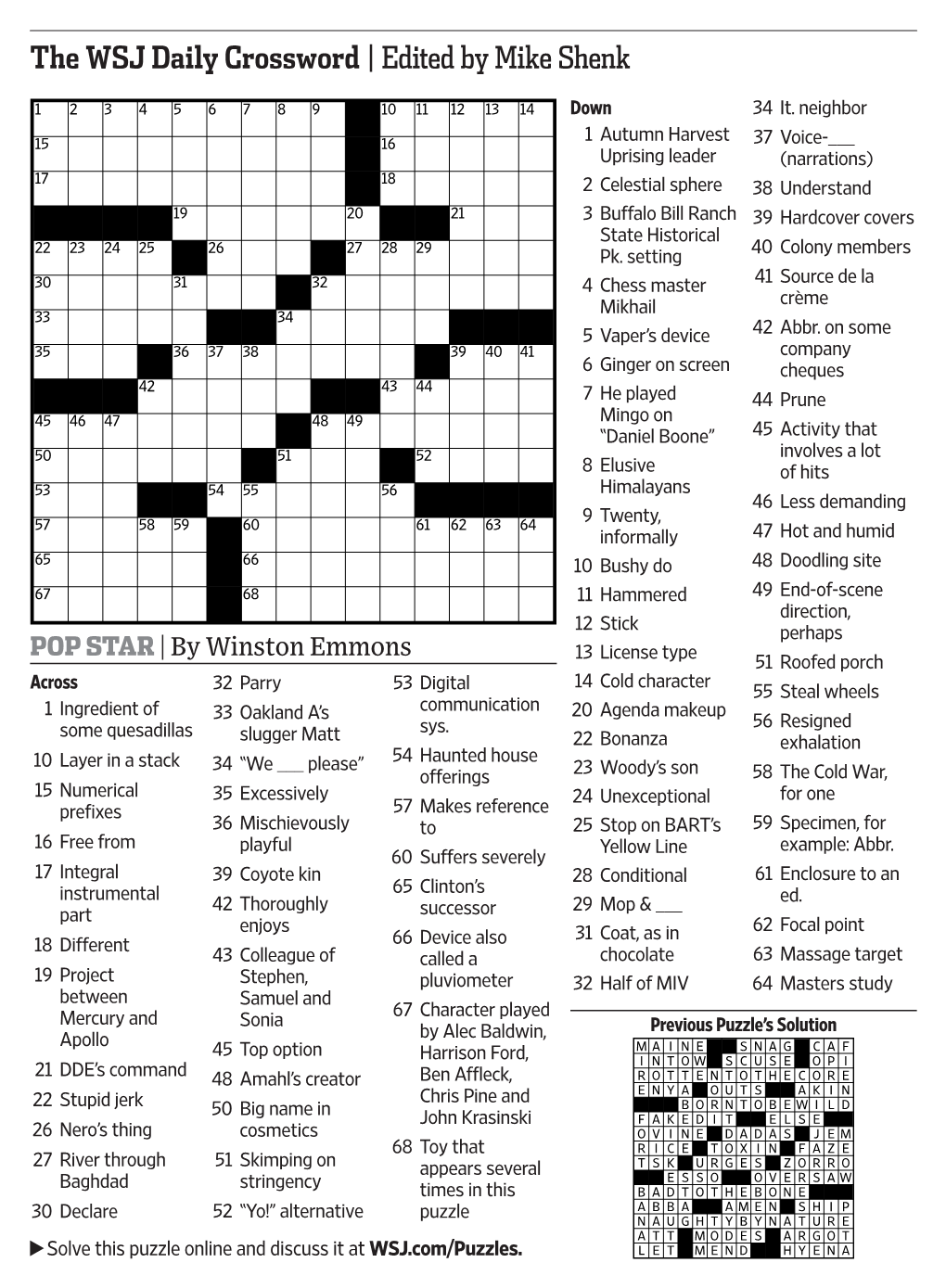 The WSJ Daily Crossword |Edited by Mike Shenk