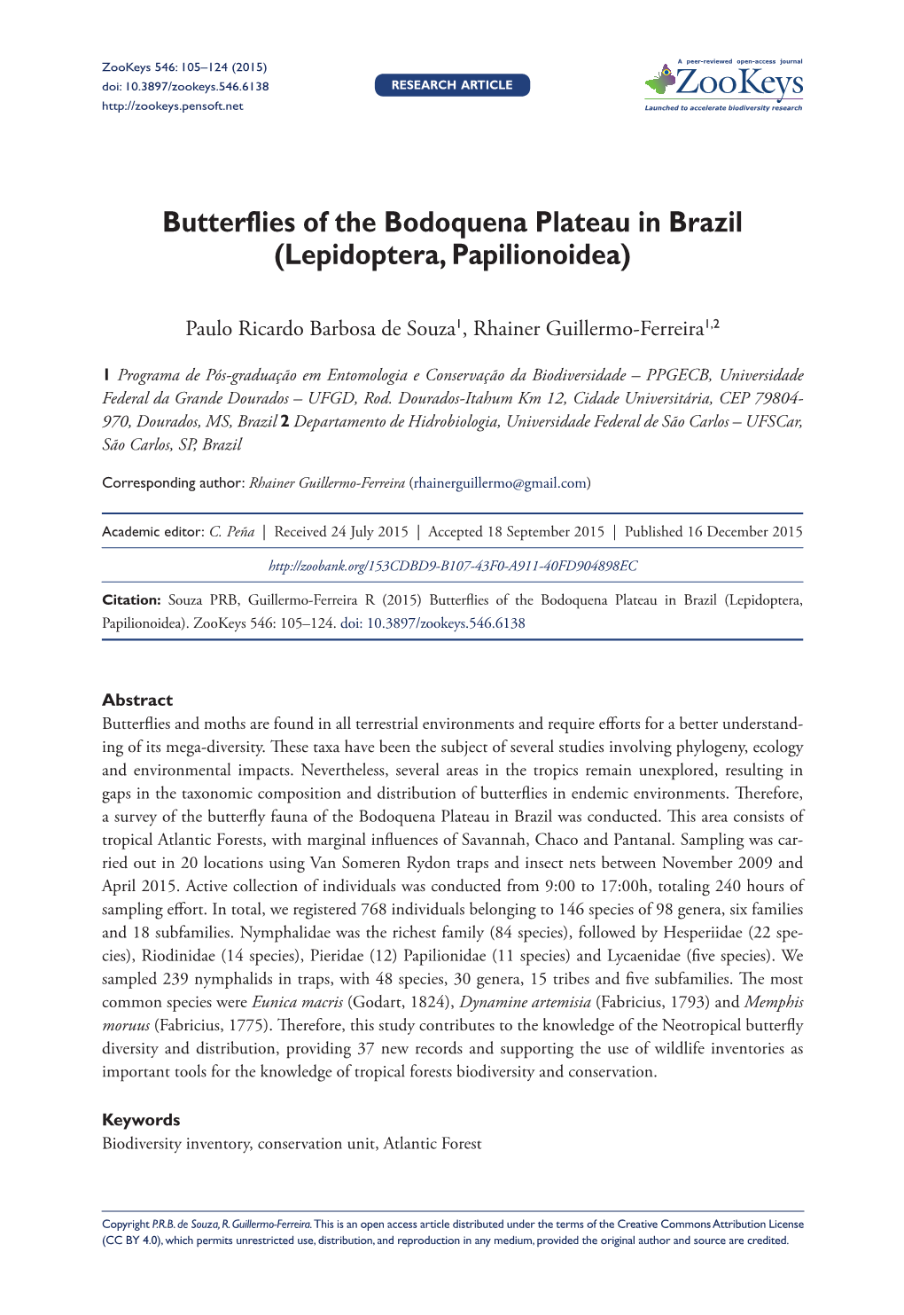 Butterflies of the Bodoquena Plateau in Brazil (Lepidoptera, Papilionoidea)