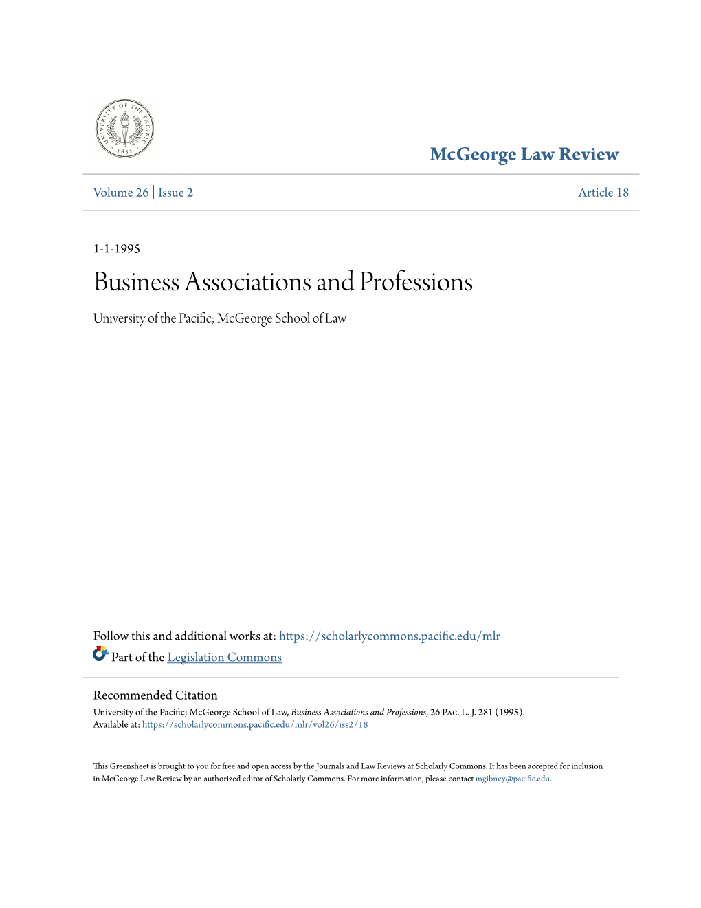 Business Associations and Professions University of the Pacific; Cm George School of Law