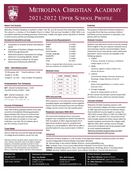 Metrolina Christian Academy 2021-2022 Upper School Profile