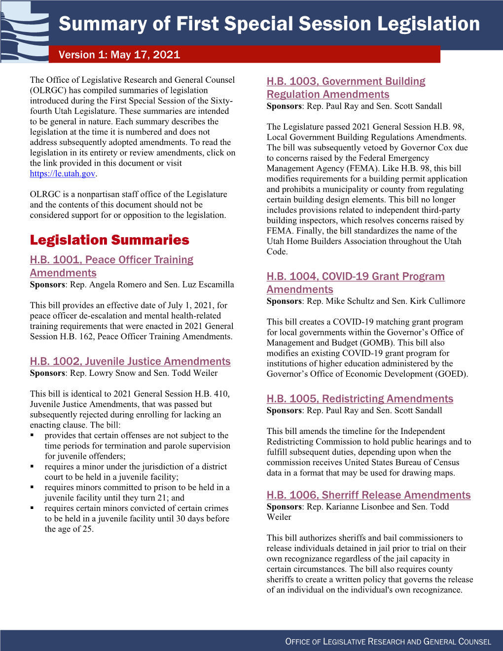 Summary of First Special Session Legislation