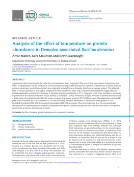 Analysis of the Effect of Temperature on Protein Abundance in Demodex-Associated Bacillus Oleronius Amie Maher, Kara Staunton and Kevin Kavanagh∗