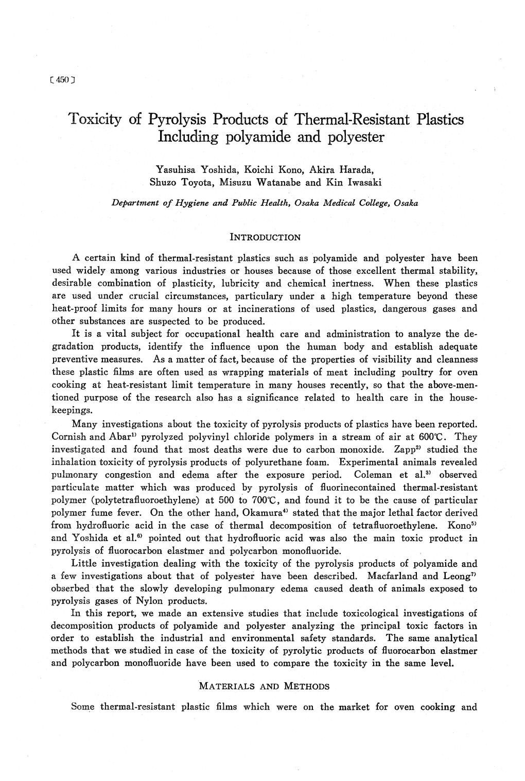 Toxicity of Pyrolysis Products of Thermal-Resistant Plastics Including Polyamide and Polyester