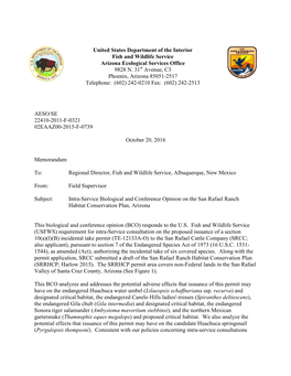 Intra-Service Biological and Conference Opinion on the San Rafael Ranch Habitat Conservation Plan, Arizona