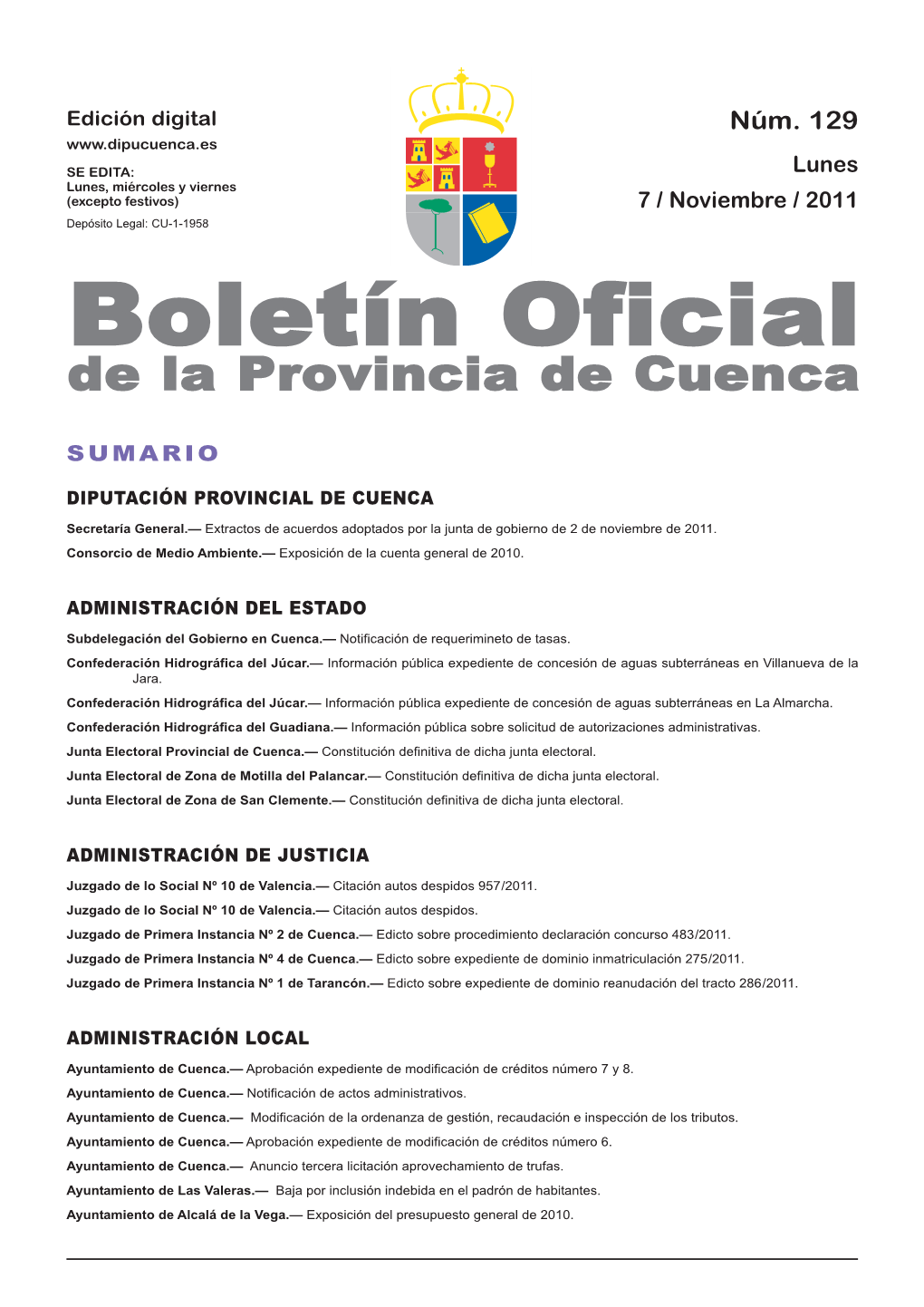 Boletín Oficial De La Provincia De Cuenca Sumario Diputación Provincial De Cuenca