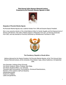 Third Annual Julius Nyerere Memorial Lecture Presented by Ms Phumzile Mlambo-Ngcuka in 2006